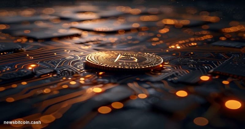 A cinematic photorealistic editorial photograph of a physical Cardano ADA coin resting on the edge of a circuit board etched 
