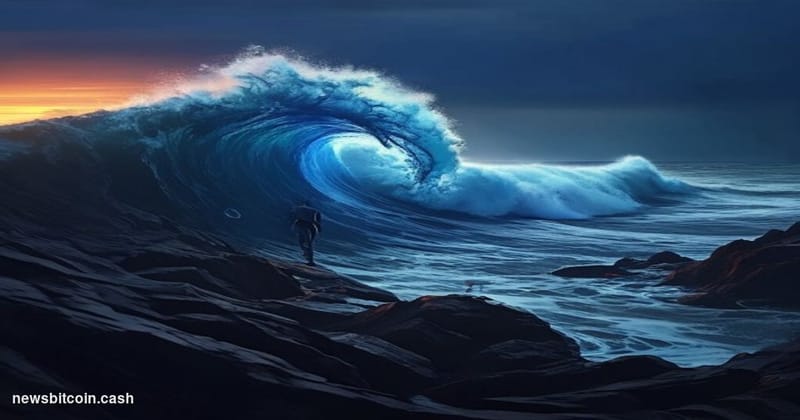 Cinematic photorealistic editorial photograph of a massive blue ocean wave cresting at twilight, with a lone figure standing 