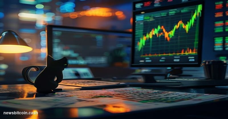 Cinematic photorealistic editorial photograph of a sleek trading terminal screen displaying a violent green price chart spiki