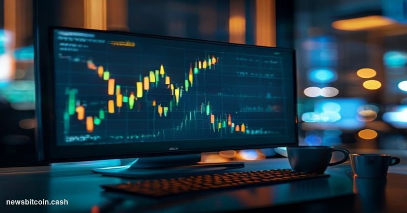 Cinematic photorealistic editorial photograph of a Robinhood-branded trading terminal screen glowing in a dimly lit financial