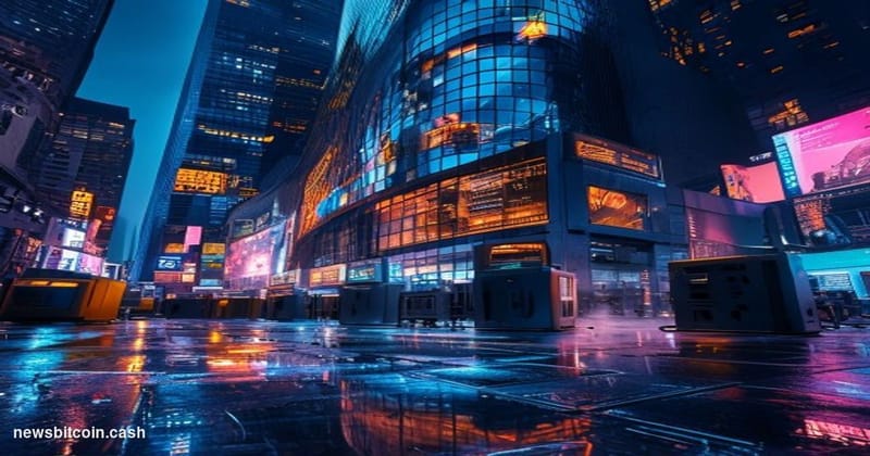Cinematic photorealistic editorial photograph of the Nasdaq MarketSite tower in Times Square, New York City, shot at dusk fro