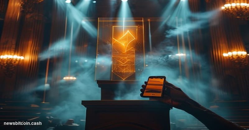 Cinematic photorealistic editorial photograph shot from a low angle looking up at a glowing teleprompter glass panel mounted 