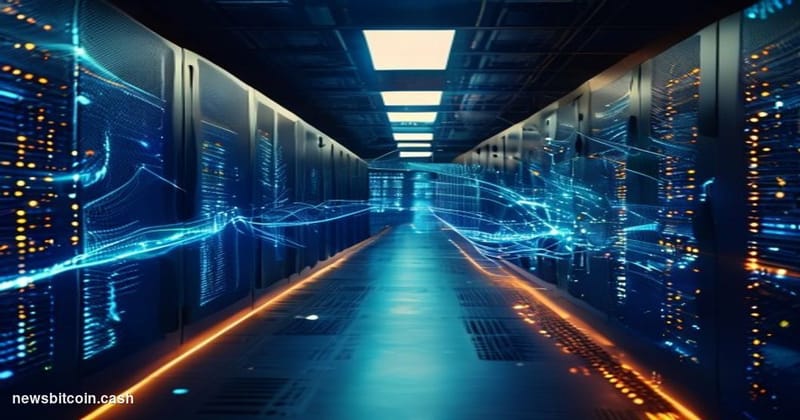 A cinematic photorealistic editorial photograph shot from a low angle inside a sleek, dimly lit data center corridor, with ro