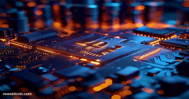 Cinematic photorealistic editorial photograph of a glowing Bitcoin logo etched into a circuit board, shot from a low angle wi