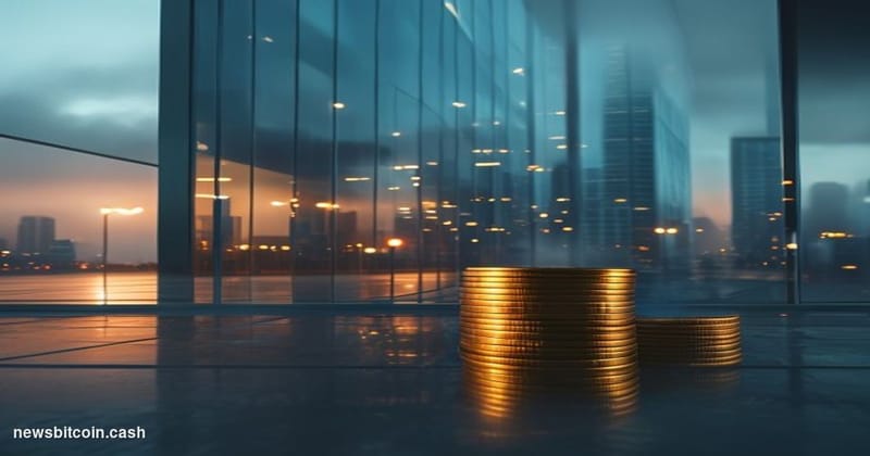Cinematic photorealistic editorial photograph of the Coinbase San Francisco office exterior at dusk, dramatic side-lighting c