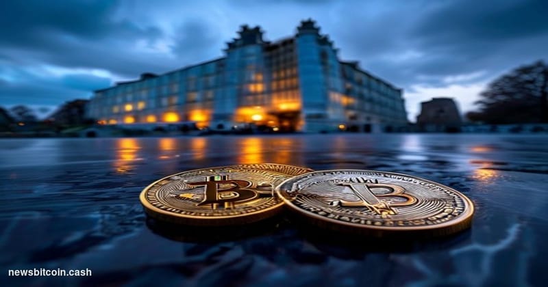 Cinematic photorealistic editorial photograph of the European Union's iconic Berlaymont building in Brussels at dusk, shot fr