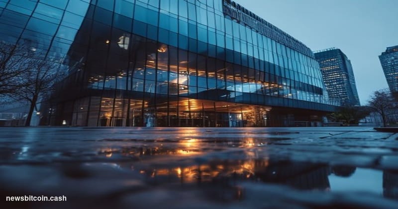 Cinematic photorealistic editorial photograph of Circle's corporate office exterior in a financial district, shot from a low 