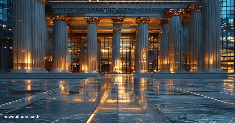 Cinematic photorealistic editorial photograph of a grand federal banking institution exterior at dawn, with neoclassical ston