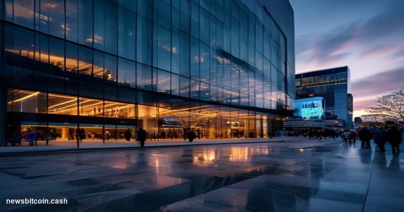 Cinematic photorealistic editorial photograph of Circle's corporate headquarters exterior in Boston, Massachusetts, shot from