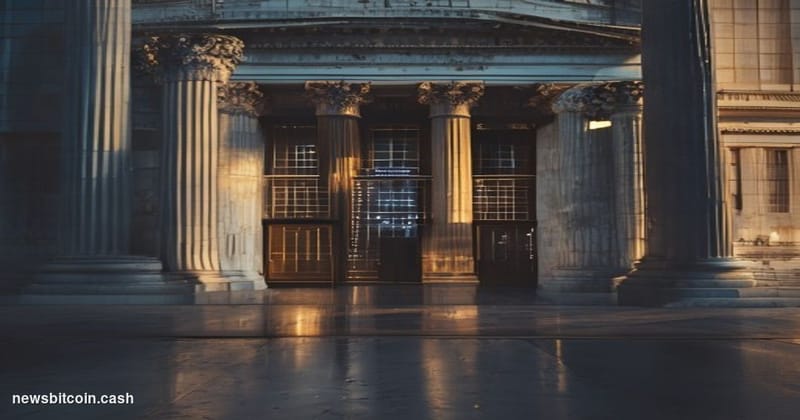 Cinematic photorealistic editorial photograph of the facade of a grand federal banking building in Washington D.C., rendered 