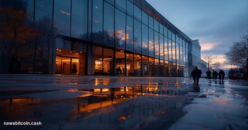 Cinematic photorealistic editorial photograph of Circle's corporate headquarters exterior in Boston, Massachusetts, shot at d