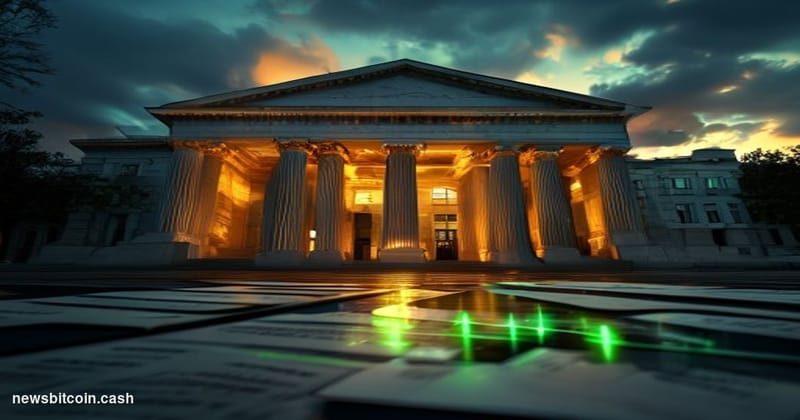 Cinematic photorealistic editorial photograph of the Office of the Comptroller of the Currency headquarters building in Washi