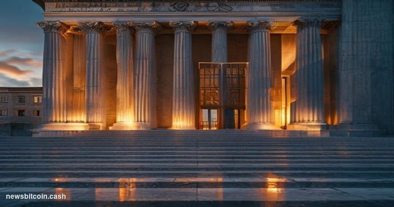 Cinematic photorealistic editorial photograph of a imposing neoclassical federal banking institution building at dusk, with w