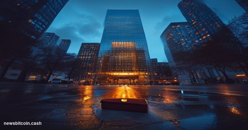 Cinematic photorealistic editorial photograph of the Citadel Securities headquarters in Chicago's financial district at dusk,