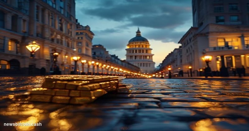 Cinematic photorealistic editorial photograph of the City of London financial district at dusk, with the iconic dome of St. P