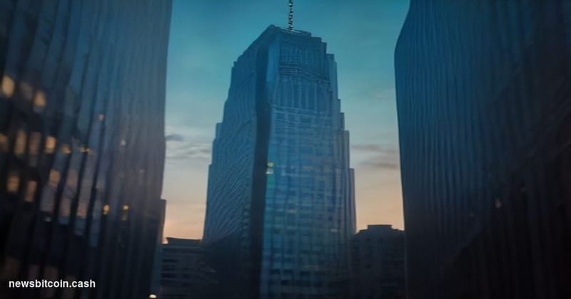 A cinematic photorealistic editorial photograph of the Citigroup headquarters tower in Midtown Manhattan, shot from a low ang