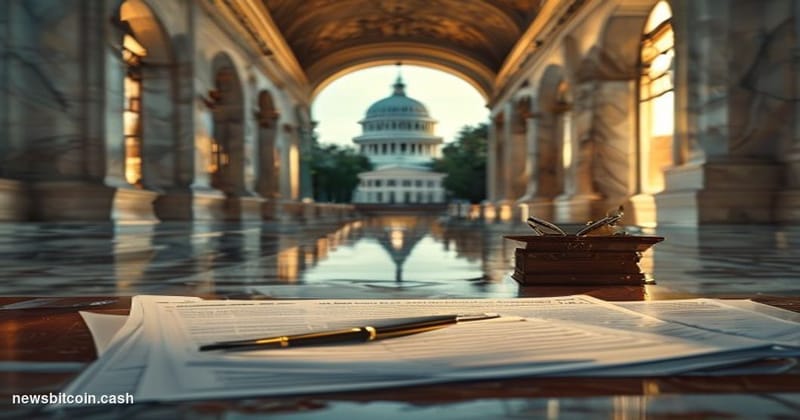 A cinematic photorealistic editorial photograph shot inside a grand marble-floored congressional corridor in Washington D.C.,