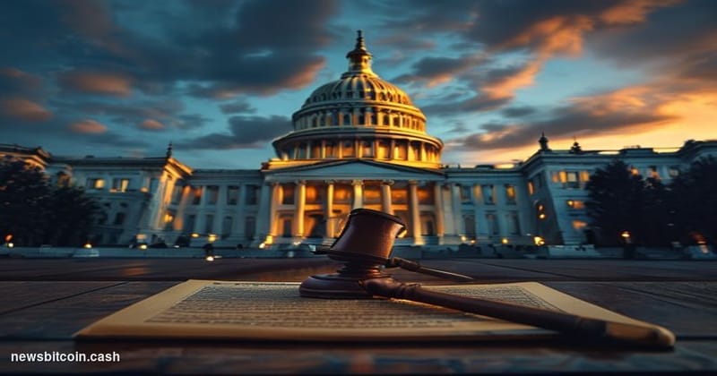 Cinematic photorealistic editorial photograph of the United States Capitol building in Washington D.C. at dusk, viewed from t