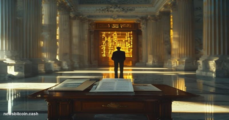 A cinematic photorealistic editorial photograph taken inside a grand marble-columned U.S. congressional corridor in Washingto