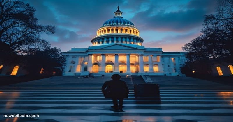 Cinematic photorealistic editorial photograph of the United States Capitol building in Washington D.C., shot at dusk from a l