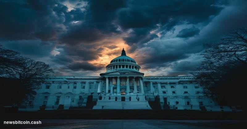 Cinematic photorealistic editorial photograph of the United States Capitol building in Washington D.C. shot from a low angle 