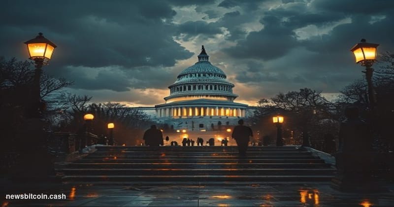 A cinematic photorealistic editorial photograph of the United States Capitol building at dusk, shot from a low angle with dra