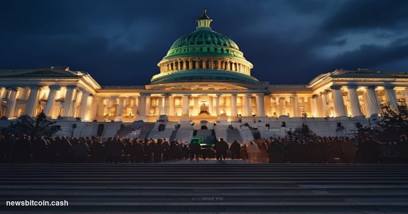 Cinematic photorealistic editorial photograph of the United States Capitol Building at dusk, shot from a low angle looking up
