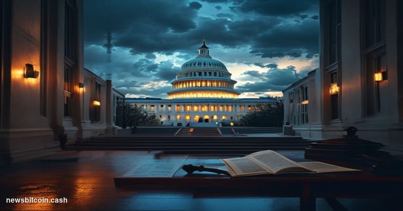 Cinematic photorealistic editorial photograph of the United States Capitol building in Washington D.C. at dusk, shot from a l