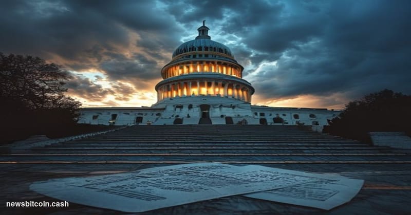 A cinematic photorealistic editorial photograph of the United States Capitol building at dusk, shot from a low angle looking 