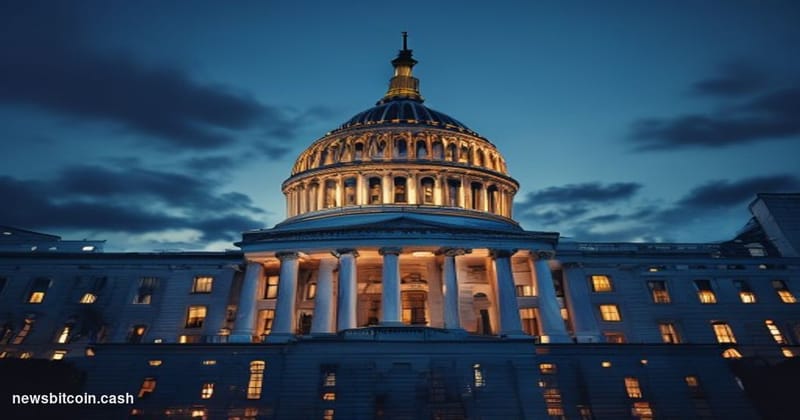 Cinematic photorealistic editorial photograph of the United States Capitol building in Washington D.C. at dusk, shot from a l