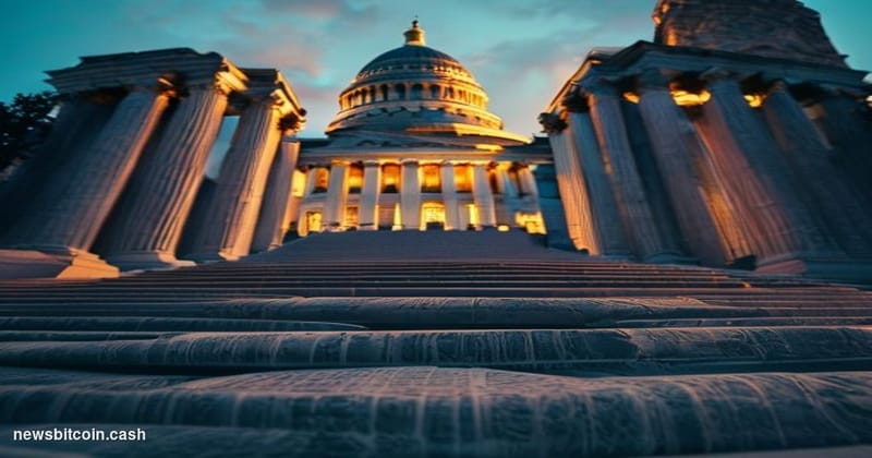 Cinematic photorealistic editorial photograph of the United States Capitol building in Washington D.C. at dusk, shot from a l