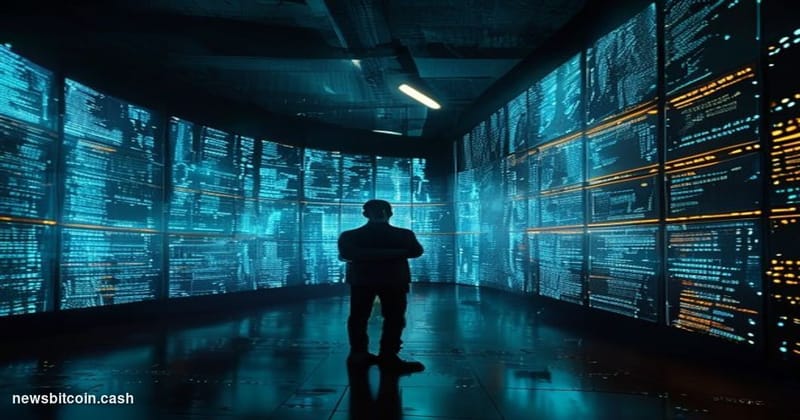 Cinematic photorealistic editorial photograph of a dimly lit high-security cryptography research lab, bathed in cool blue-whi