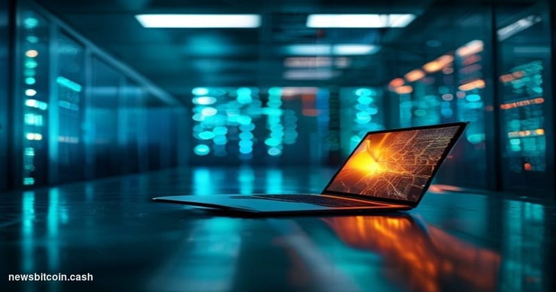 A cinematic photorealistic editorial photograph shot at low angle looking up at a sleek glass server room corridor, dramatic 
