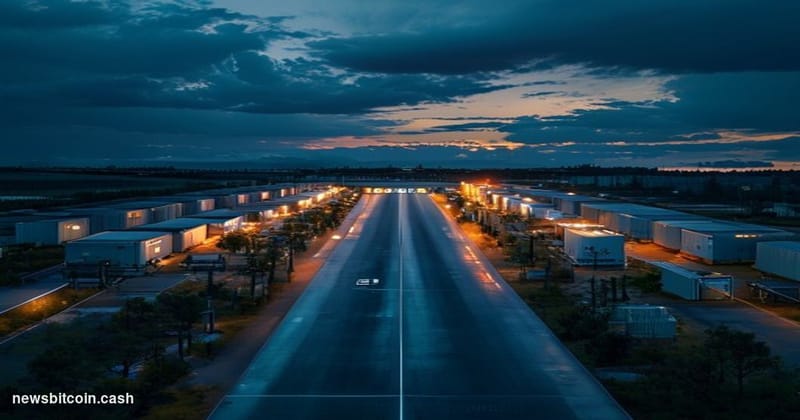 Cinematic photorealistic editorial photograph of an industrial-scale data center campus at dusk in rural Georgia, modeled on 