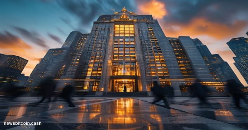Cinematic photorealistic editorial photograph of the Chicago Mercantile Exchange's iconic Art Deco headquarters building in t