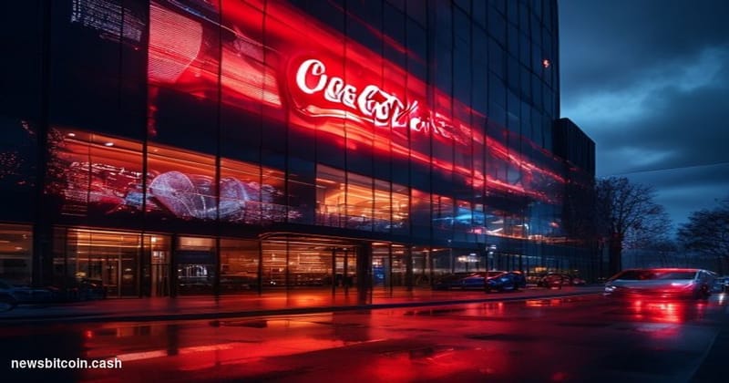 Cinematic photorealistic editorial photograph of a Coca-Cola corporate headquarters exterior at dusk, with dramatic warm ambe