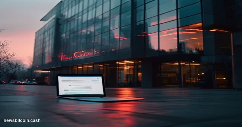 Cinematic photorealistic editorial photograph of the Coinbase San Francisco office exterior at dusk, dramatic side-lighting c