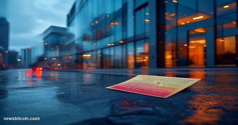 Cinematic photorealistic editorial photograph of a Coinbase office entrance in San Francisco's tech corridor at dusk, with wa