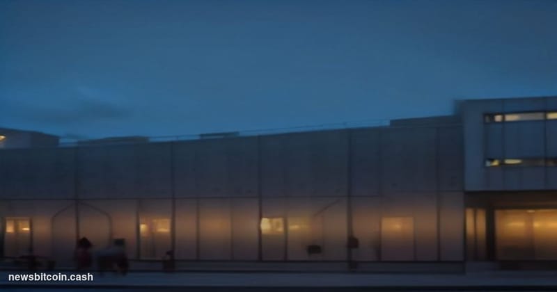 Cinematic photorealistic editorial photograph of the Coinbase headquarters exterior in San Francisco's Mission District, shot