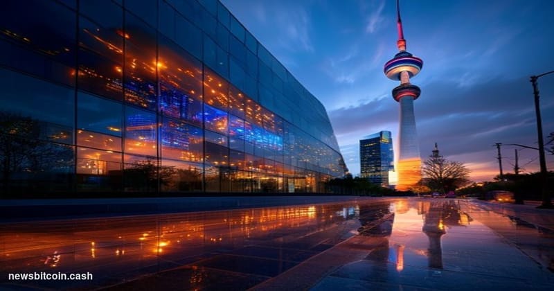 A cinematic photorealistic editorial photograph shot at dusk from street level looking up at a modern glass-and-steel financi