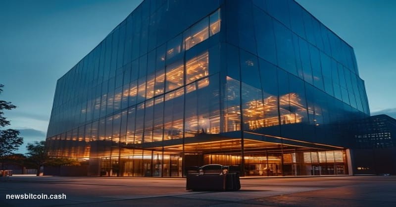 Cinematic photorealistic editorial photograph of the Coinbase San Francisco office building exterior at dusk, shot from a low