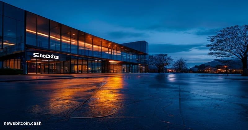 Cinematic photorealistic editorial photograph of Coinbase's San Francisco office exterior at dusk, dramatic low-angle shot wi