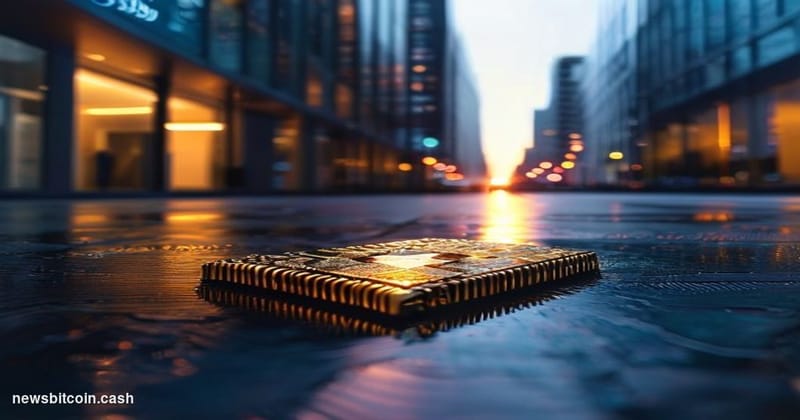 Cinematic photorealistic editorial photograph of the Coinbase San Francisco office exterior at dusk, with warm amber light sp