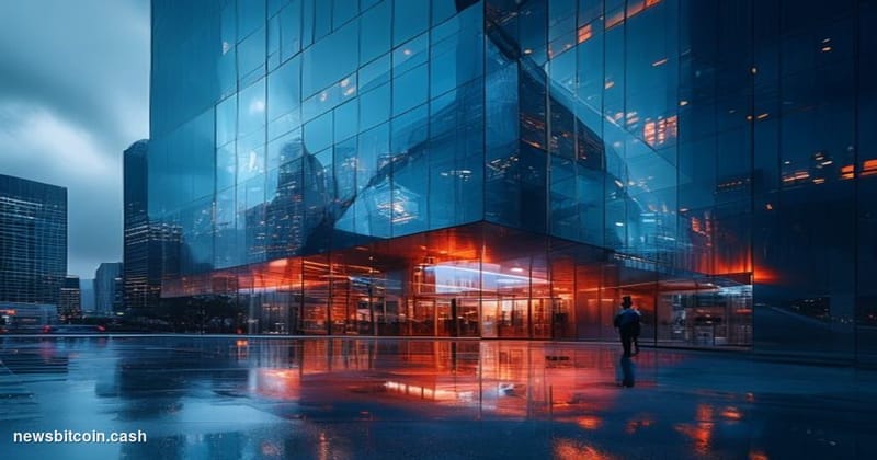 Cinematic photorealistic editorial photograph of the Coinbase San Francisco headquarters exterior at dusk, dramatic overcast 