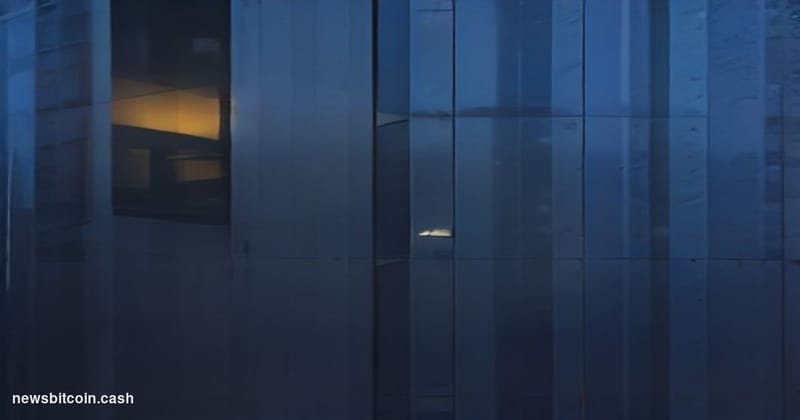 Cinematic photorealistic editorial photograph of the Coinbase San Francisco headquarters exterior at dusk, dramatic low-angle