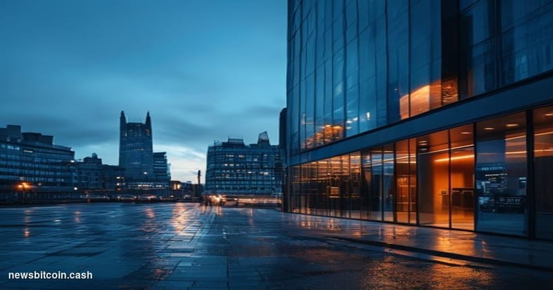 Cinematic photorealistic editorial photograph of the exterior of a sleek London financial district building at dusk, with the