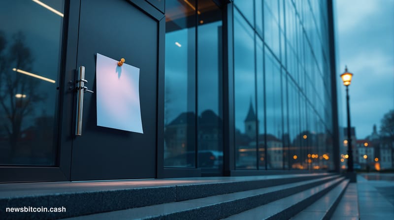 Cinematic photorealistic editorial photograph of a modern glass-and-steel office building in Tallinn, Estonia, with the disti