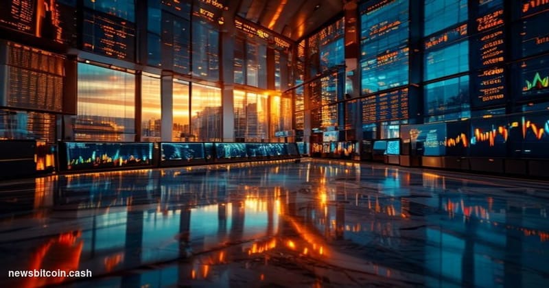 Cinematic photorealistic editorial photograph of the Deutsche Börse Xetra trading floor in Frankfurt, Germany, captured at da