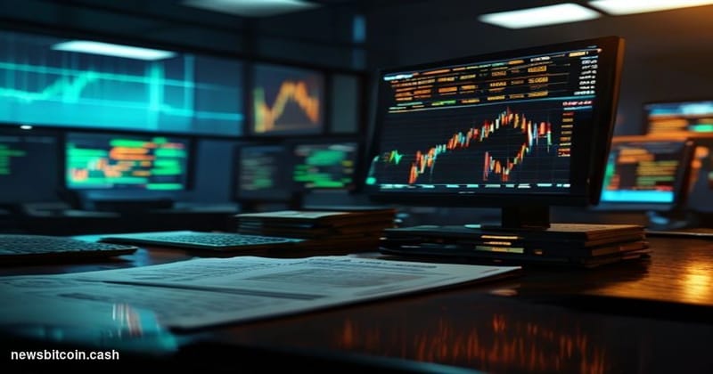A cinematic photorealistic editorial photograph of a Bloomberg-style trading terminal in a dimly lit institutional trading fl