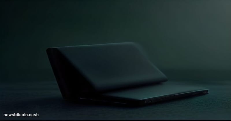 A cinematic photorealistic editorial photograph of a Coldcard hardware wallet device — matte black, compact, with a small scr